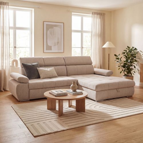Canapé d'angle convertible méridienne droite et 1 coffre VEGAS tissu beige vue d'ambiance 1