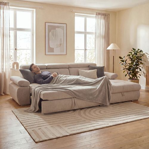 Canapé d'angle convertible méridienne droite et 1 coffre VEGAS tissu beige