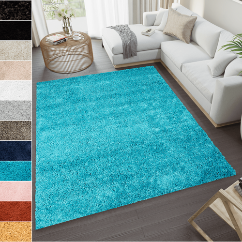 Tapis Salon Turquoise Unicolore Poil Long Shaggy Moelleux 140 X 200 Cm