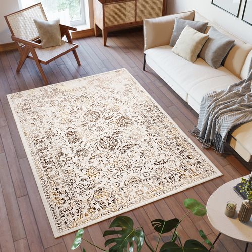 Tapis Salon Vintage Crème Or Marron Beige Floral Doux 200 X 300 Cm