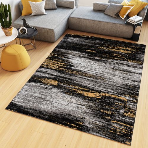 Tapis De Salon Moderne Gris Noir Jaune Taches Fin Maya 250x300