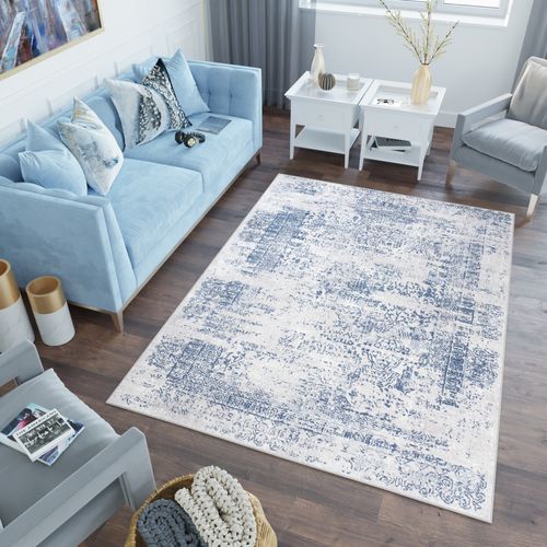 Tapiso Tapis Salon Moderne Bleu Blanc Gris Vintage Doux Sky 180x250