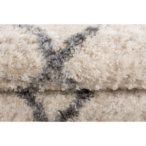 Tapis Shaggy Poils Longs Crème Gris Losanges Moelleux Franges Tresses 140 X 200 Cm
