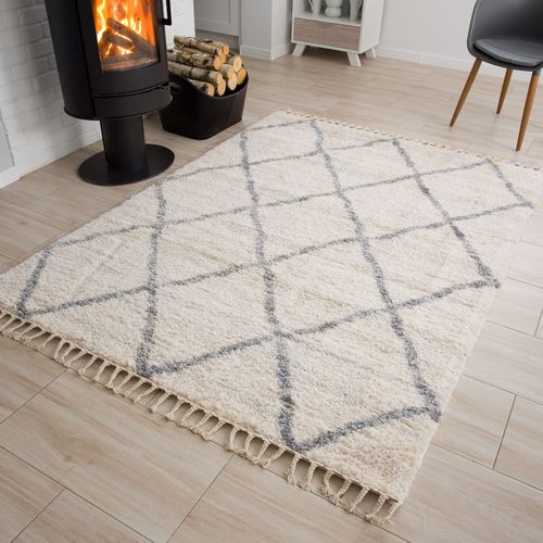 Tapis Shaggy Poils Longs Crème Gris Losanges Moelleux Franges Tresses 140 X 200 Cm