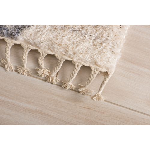 Tapis Shaggy Poils Longs Crème Gris Losanges Moelleux Franges Tresses 140 X 200 Cm