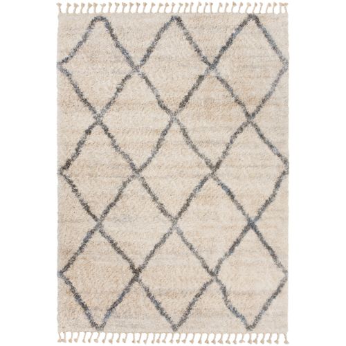 Tapis Shaggy Poils Longs Crème Gris Losanges Moelleux Franges Tresses 140 X 200 Cm