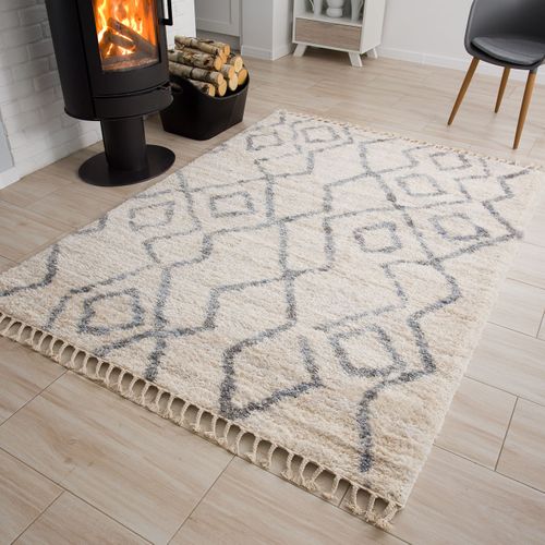 Tapis Shaggy Poils Longs Crème Gris Ethnique Franges Moelleux 80 X 200 Cm