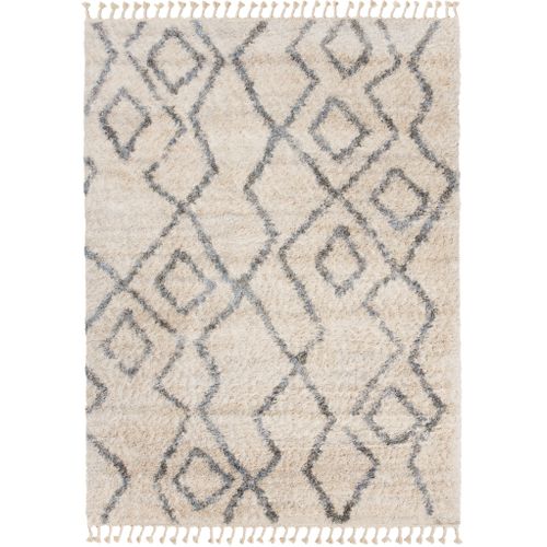 Tapis Shaggy Poils Longs Crème Gris Ethnique Franges Moelleux 80 X 200 Cm