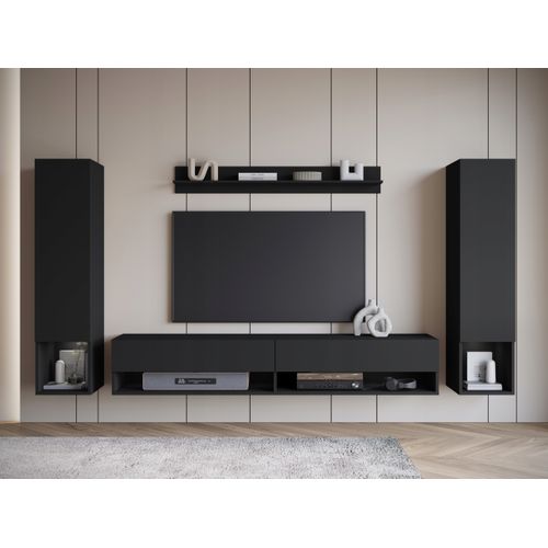 Mur TV Suspendu LED 180 Cm 2 Colonnes + étagère Noir Mat