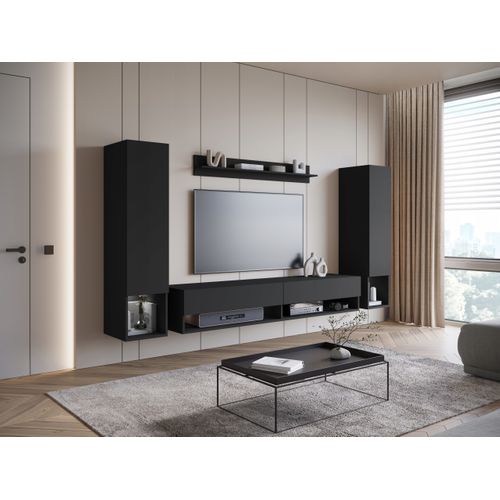 Mur TV Suspendu LED 180 Cm 2 Colonnes + étagère Noir Mat
