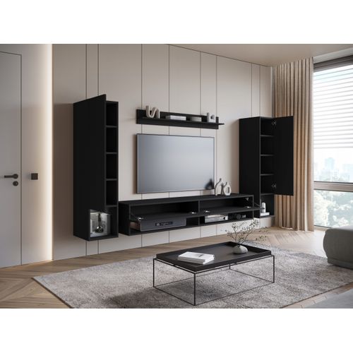 Mur TV Suspendu LED 180 Cm 2 Colonnes + étagère Noir Mat