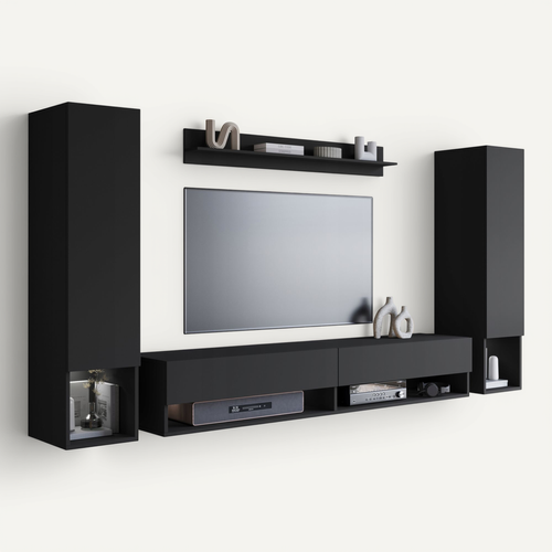 Mur TV Suspendu LED 180 Cm 2 Colonnes + étagère Noir Mat