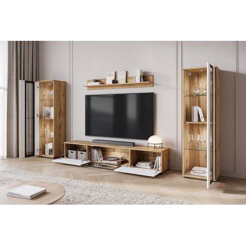 Mur TV LED 180 Cm 2 Vitrines Chêne Wotan / Blanc Brillant