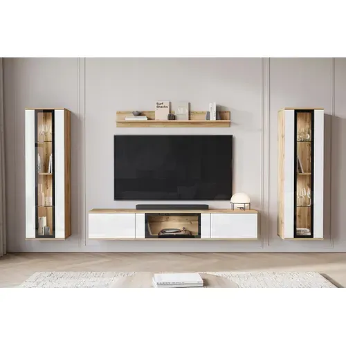 Mur TV LED 180 Cm 2 Vitrines Chêne Wotan / Blanc Brillant