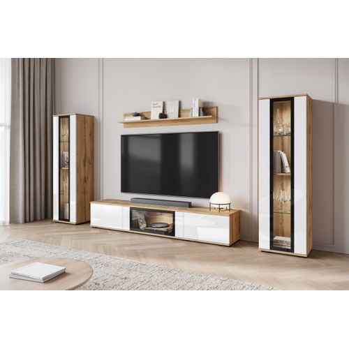 Mur TV LED 180 Cm 2 Vitrines Chêne Wotan / Blanc Brillant