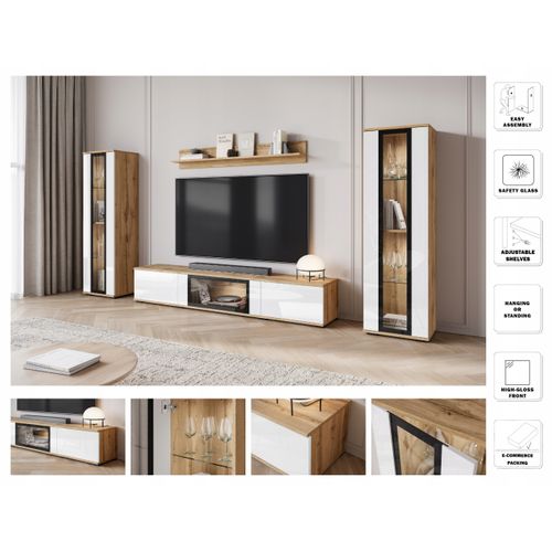 Mur TV LED 180 Cm 2 Vitrines Chêne Wotan / Blanc Brillant