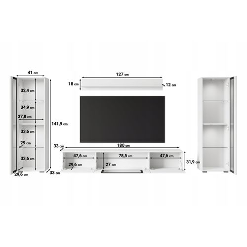 Mur TV LED 180 Cm 2 Vitrines Chêne Wotan / Blanc Brillant