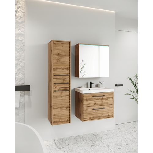 Salle De Bain Suspendue LED Lavabo Miroir Colonne Mdf Chêne Wotan