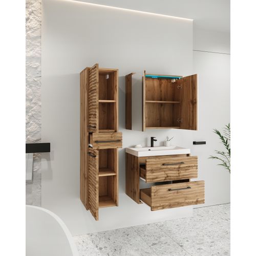 Salle De Bain Suspendue LED Lavabo Miroir Colonne Mdf Chêne Wotan