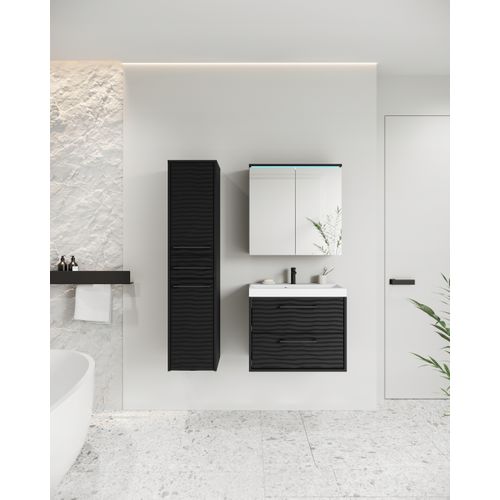 Salle De Bain Suspendue LED Lavabo Miroir Colonne Mdf Noir Mat
