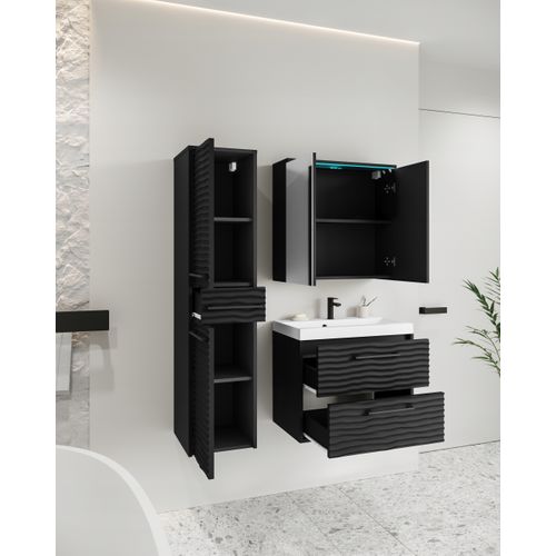 Salle De Bain Suspendue LED Lavabo Miroir Colonne Mdf Noir Mat
