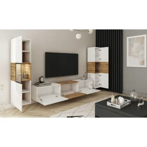 Mur TV LED 180 Cm Vitrine + Colonne Blanc Mat / Blanc Brillant Insert Wotan
