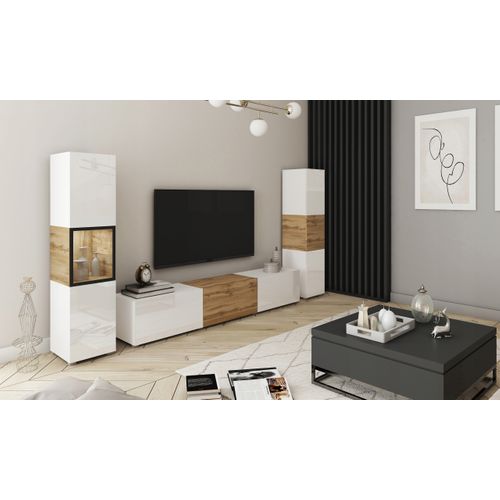 Mur TV LED 180 Cm Vitrine + Colonne Blanc Mat / Blanc Brillant Insert Wotan