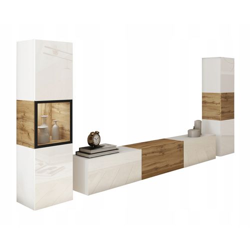 Mur TV LED 180 Cm Vitrine + Colonne Blanc Mat / Blanc Brillant Insert Wotan