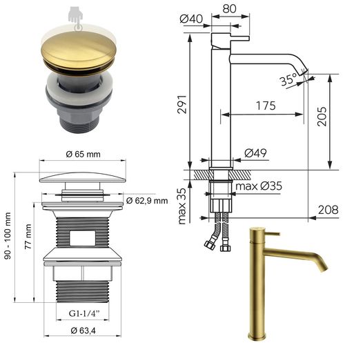 Ciriculus XL Robinet Mitigeur Haut Or Brossé + Bonde
