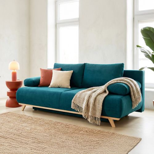 Canapé Convertible 3 Places Avec Coffre En Velours Bleu Canard - Laria