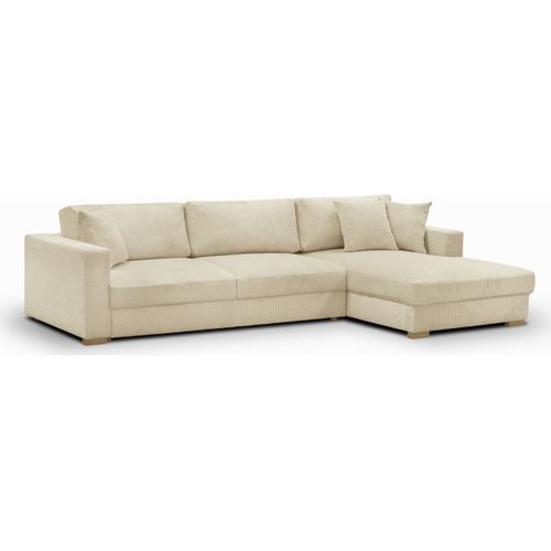 Canapé D'angle Droit Convertible 5 Places En Velours Côtelé Beige Avec Coffre De Rangement - Robin