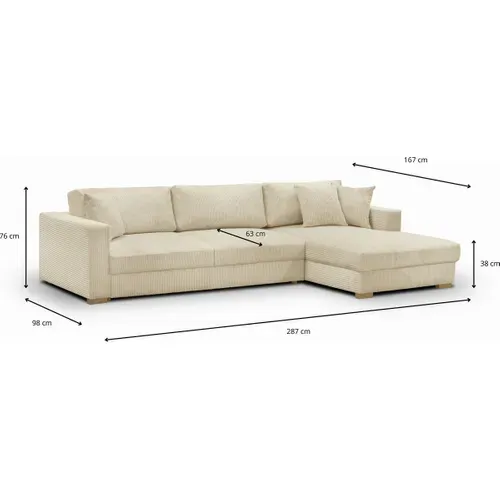 Canapé D'angle Droit Convertible 5 Places En Velours Côtelé Beige Avec Coffre De Rangement - Robin