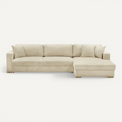 Canapé D'angle Droit Convertible 5 Places En Velours Côtelé Beige Avec Coffre De Rangement - Robin