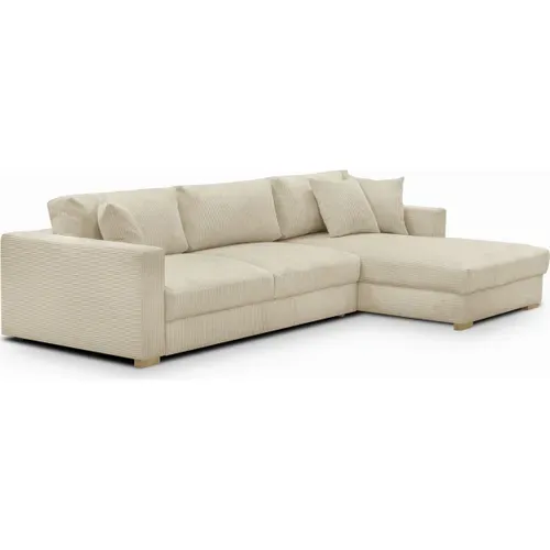 Canapé D'angle Droit Convertible 5 Places En Velours Côtelé Beige Avec Coffre De Rangement - Robin