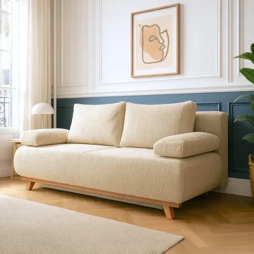 Canapé Convertible 3 Places Avec Coffre En Velours Côtelé Beige - Laria