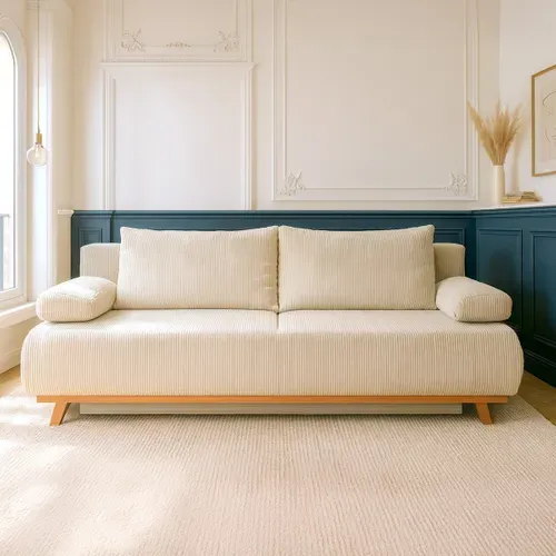 Canapé Convertible 3 Places Avec Coffre En Velours Côtelé Beige - Laria