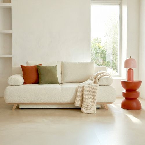 Canapé Convertible 3 Places Avec Coffre De Rangement En Tissu Bouclé Beige - Laria