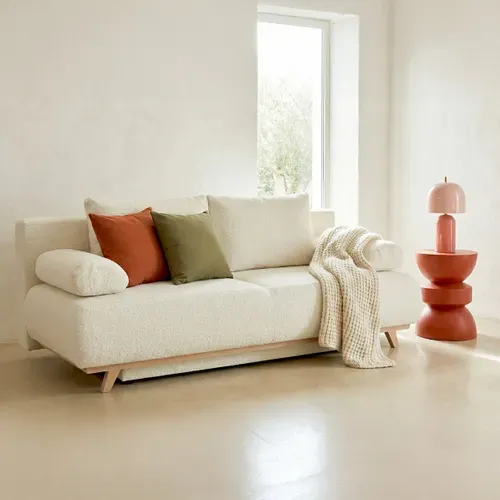 Canapé Convertible 3 Places Avec Coffre De Rangement En Tissu Bouclé Beige - Laria