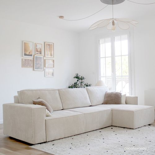 Canapé D'angle Convertible Réversible 5 Places En Velours Côtelé Beige - Harper