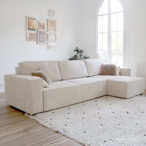 Canapé D'angle Convertible Réversible 5 Places En Velours Côtelé Beige - Harper