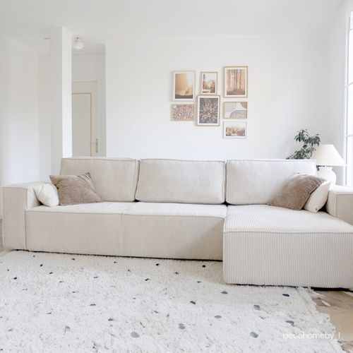 Canapé D'angle Convertible Réversible 5 Places En Velours Côtelé Beige - Harper