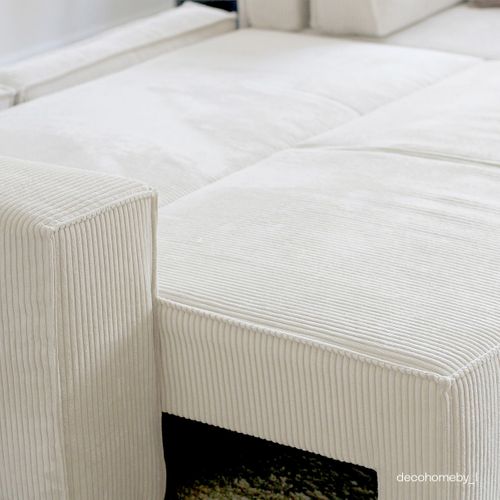 Canapé D'angle Convertible Réversible 5 Places En Velours Côtelé Beige - Harper