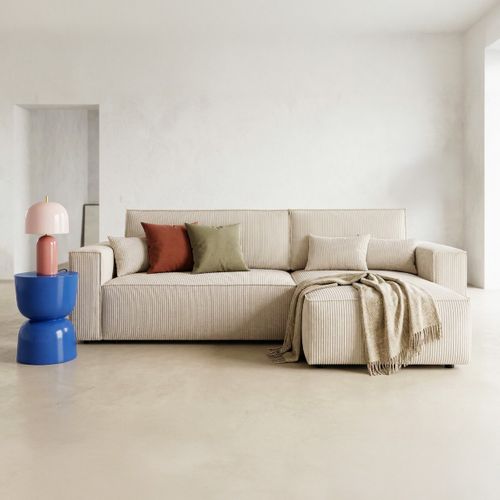 Canapé D'angle Convertible Réversible 4 Places Avec Coffre En Velours Côtelé Beige - Livia