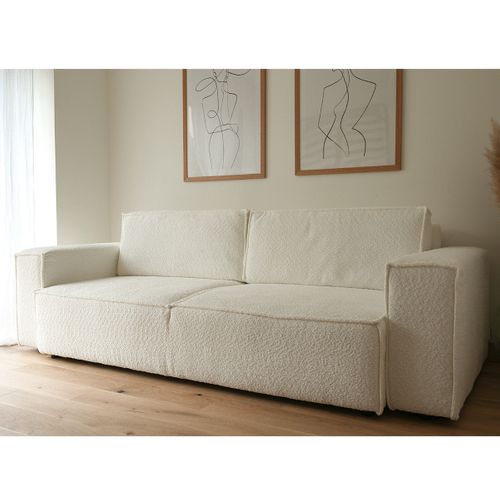 Canapé Convertible 3 Places Avec Coffre En Tissu Bouclette Écru - Harper