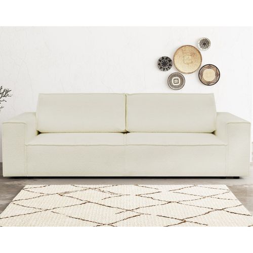 Canapé Convertible 3 Places Avec Coffre En Tissu Bouclette Écru - Harper