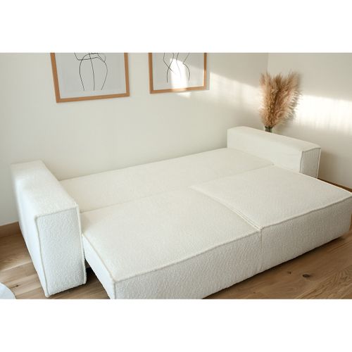 Canapé Convertible 3 Places Avec Coffre En Tissu Bouclette Écru - Harper