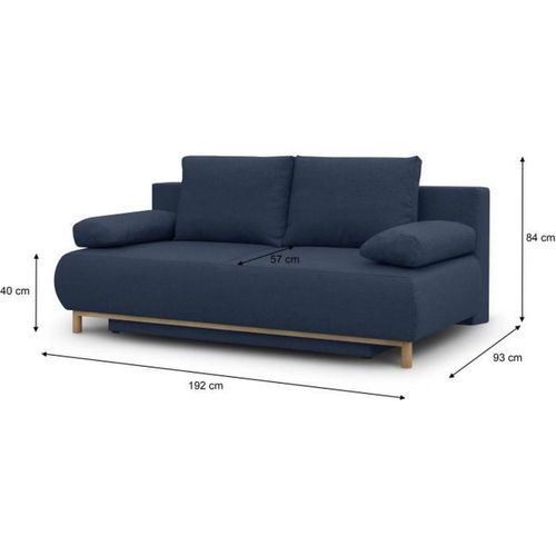 Banquette Convertible 3 Places - Tissu Bleu Foncé - Coffre De Rangement - L 192 X H 84 X P 93 Cm