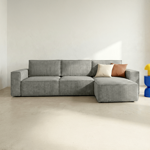 Canapé D'angle 5 Places Convertible Réversible + Coffre - Velours Côtelé Gris Clair - Harper