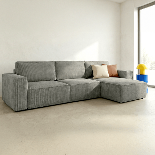 Canapé D'angle 5 Places Convertible Réversible + Coffre - Velours Côtelé Gris Clair - Harper