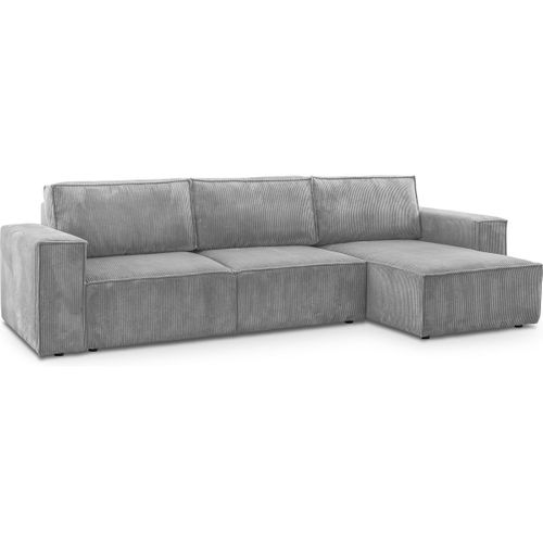 Canapé D'angle 5 Places Convertible Réversible + Coffre - Velours Côtelé Gris Clair - Harper